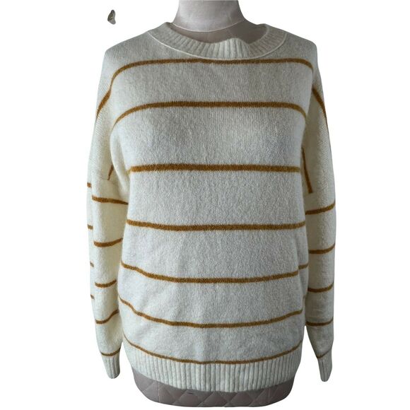 J. Crew  Women's Crewneck Alpaca Cream Mustard Yellow Striped‎ Sweater XXL - Picture 1 of 6